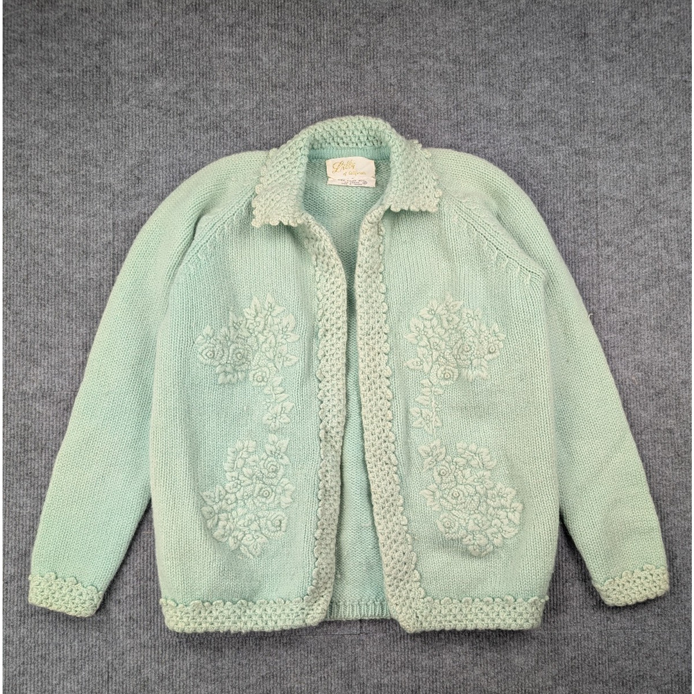 Lilly Of California Sweater Womens 42 Wool Cardigan Floral Embroidery Retro 80s